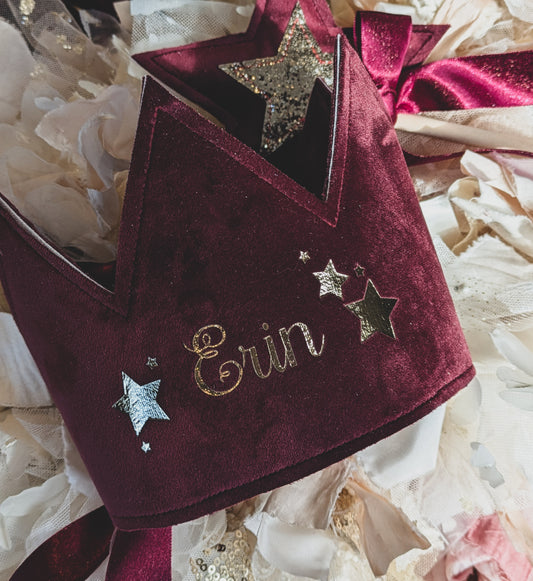 Personalised Velvet Crown ~ Ivory, Red, Burgundy, Olive Green & Pale Gold
