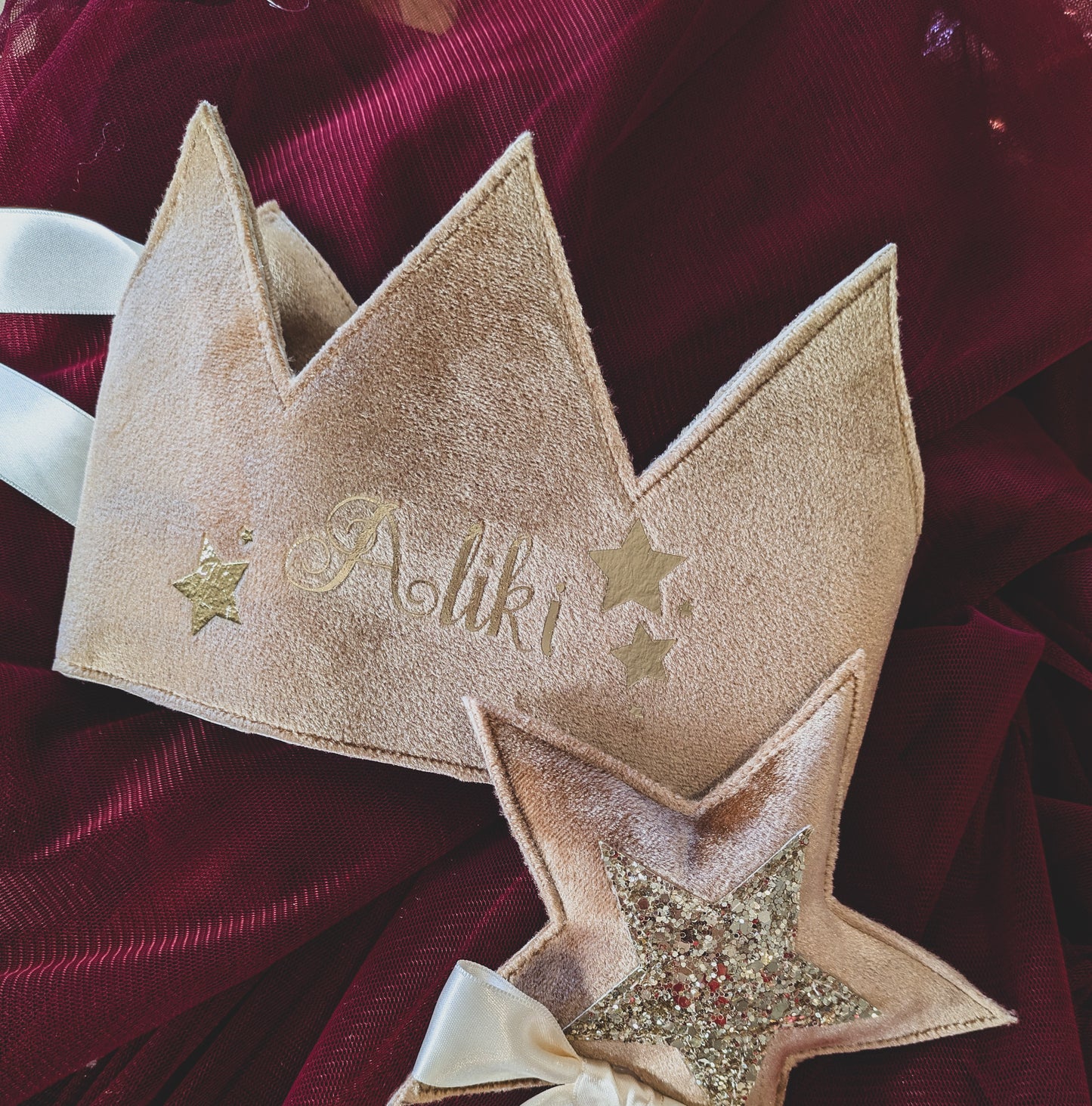 Personalised Velvet Crown ~ Ivory, Red, Burgundy, Olive Green & Pale Gold